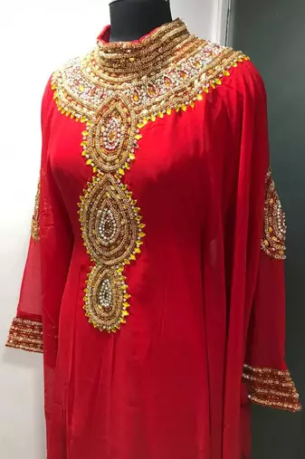 Red royal fancy gold beading work farasha kaftan