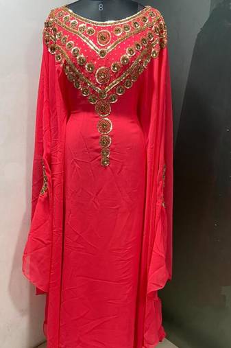 Coral hand beaded islami jalabiya kaftan