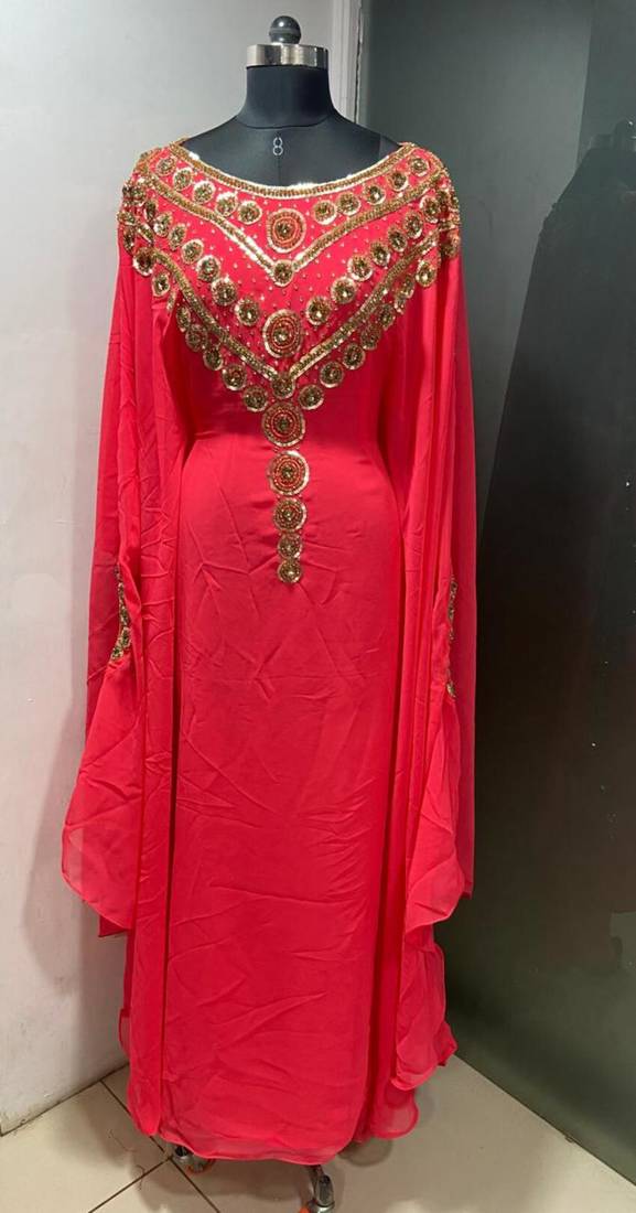 Coral hand beaded islami jalabiya kaftan