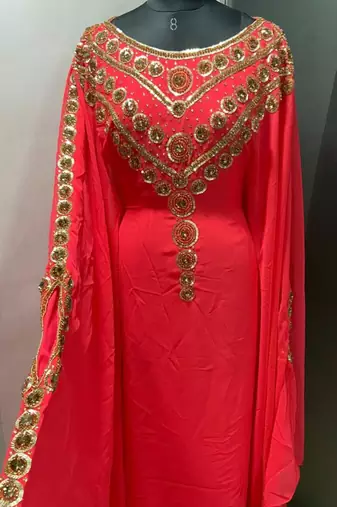 Coral hand beaded islami jalabiya kaftan