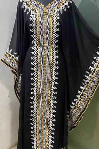 Black arabic gold and white embroidery work jalabiya kaftan