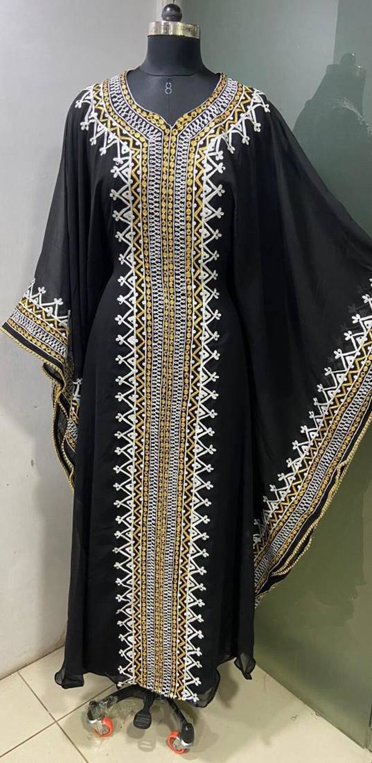 Black arabic gold and white embroidery work jalabiya kaftan