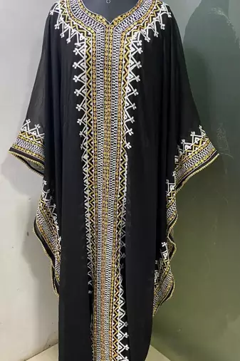 Black arabic gold and white embroidery work jalabiya kaftan