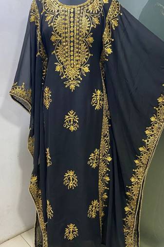 Black modern arabic gold embroidery work farasha kaftan