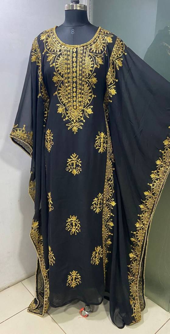 Black modern arabic gold embroidery work farasha kaftan