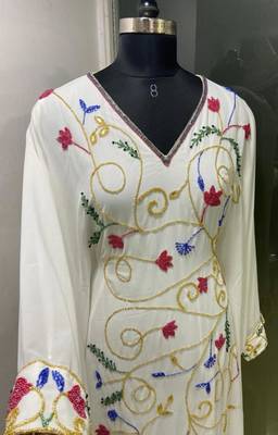 White multi colour fancy beading work women kaftan 3