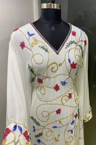 White multi colour fancy beading work women kaftan