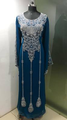 Teal blue arabic fancy sleeves kaftan with heavy beading work 1