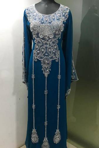 Teal blue arabic fancy sleeves kaftan with heavy beading work