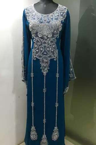Teal blue arabic fancy sleeves kaftan with heavy beading work