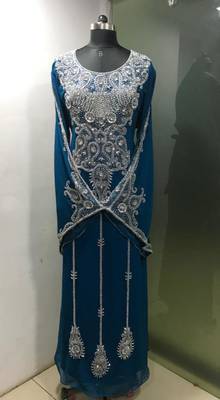 Teal blue arabic fancy sleeves kaftan with heavy beading work 2
