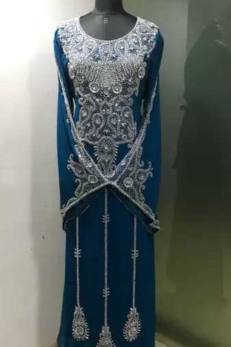 Teal blue arabic fancy sleeves kaftan with heavy beading work
