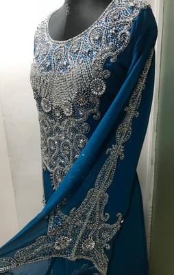 Teal blue arabic fancy sleeves kaftan with heavy beading work 3