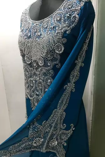Teal blue arabic fancy sleeves kaftan with heavy beading work