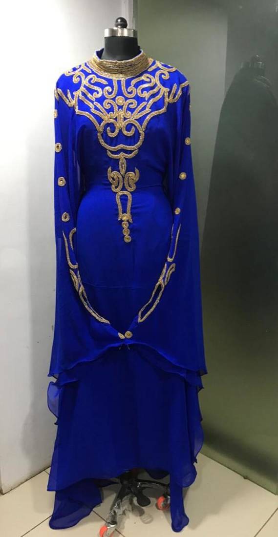 Royal blue gold stone work jalabiya kaftan