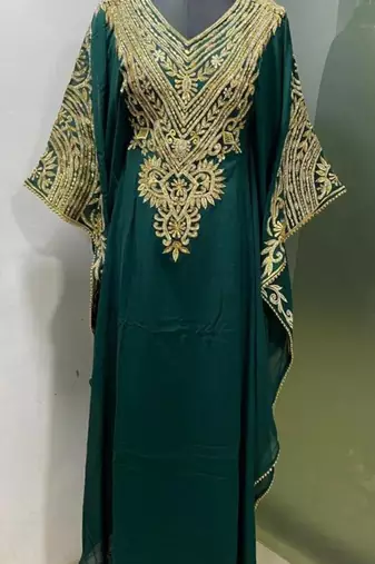 Emerald green fancy embroidery and stone work farasha kaftan
