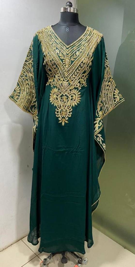 Emerald green fancy embroidery and stone work farasha kaftan