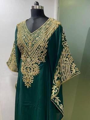 Emerald green fancy embroidery and stone work farasha kaftan 2