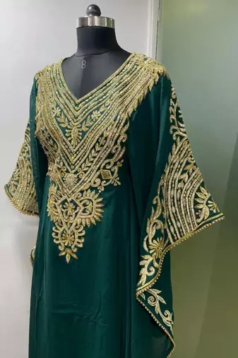 Emerald green fancy embroidery and stone work farasha kaftan