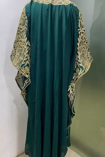 Emerald green fancy embroidery and stone work farasha kaftan