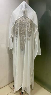 White heavy silver stone work arabic farasha kaftan 1