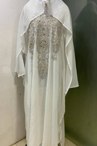 White heavy silver stone work arabic farasha kaftan