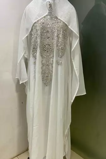 White heavy silver stone work arabic farasha kaftan