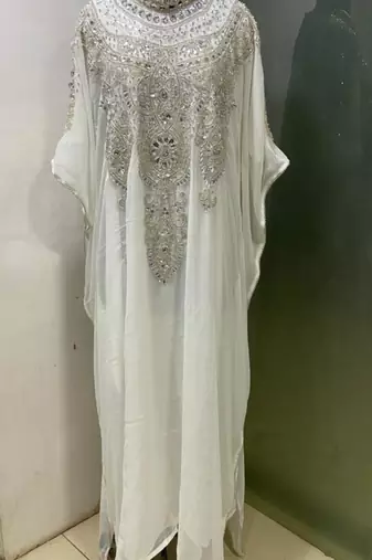 White heavy silver stone work arabic farasha kaftan