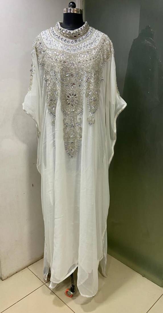White heavy silver stone work arabic farasha kaftan