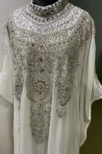 White heavy silver stone work arabic farasha kaftan
