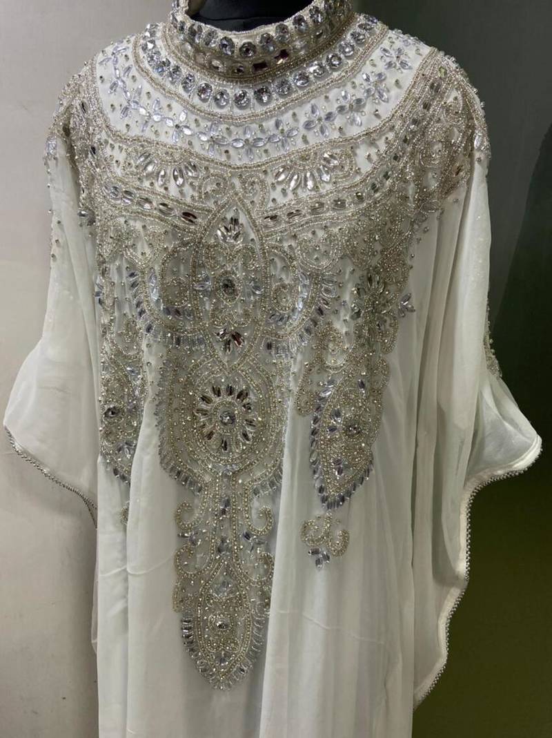 White heavy silver stone work arabic farasha kaftan