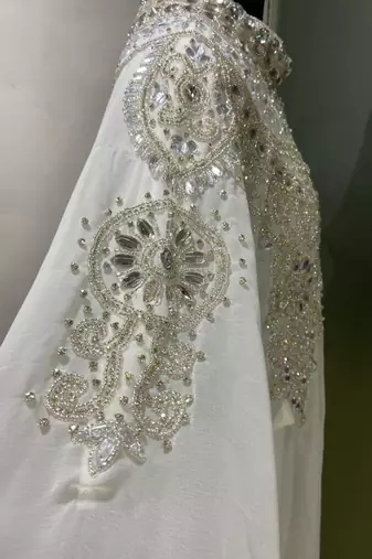 White heavy silver stone work arabic farasha kaftan
