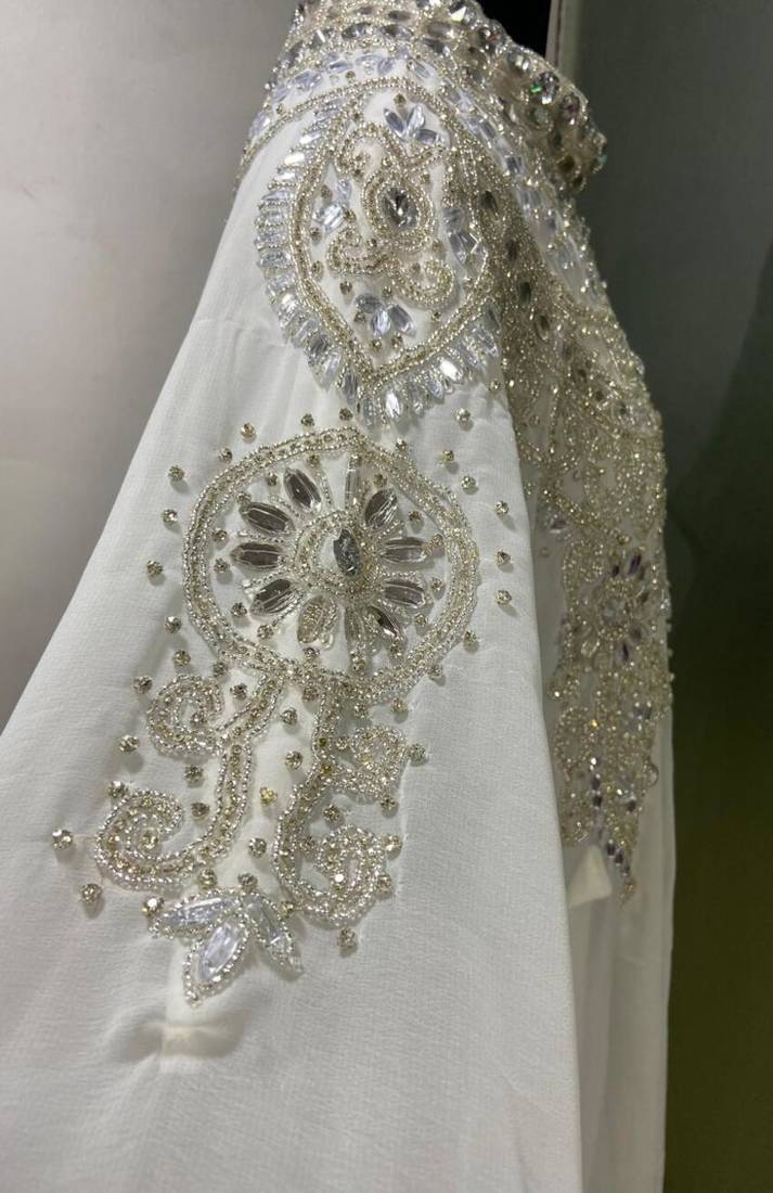 White heavy silver stone work arabic farasha kaftan