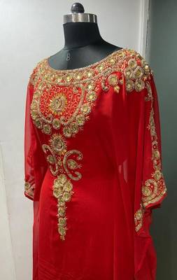 Red beautiful arabic gold beaded work farasha kaftan 2