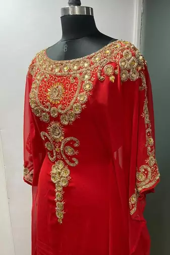 Red beautiful arabic gold beaded work farasha kaftan