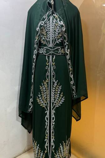 Emerald green - takchita gold and silver stone work kaftan