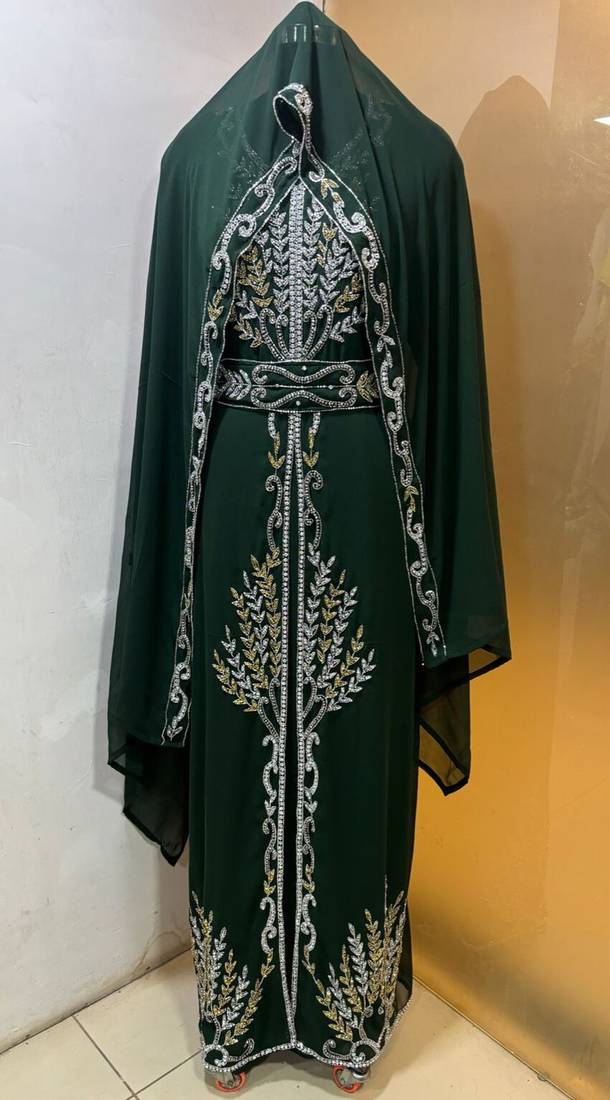 Emerald green - takchita gold and silver stone work kaftan