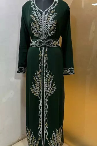 Emerald green - takchita gold and silver stone work kaftan