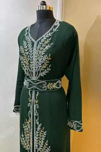 Emerald green - takchita gold and silver stone work kaftan