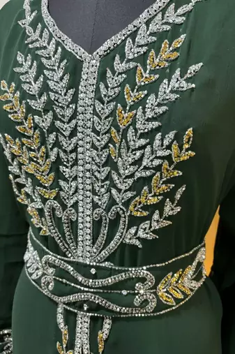 Emerald green - takchita gold and silver stone work kaftan