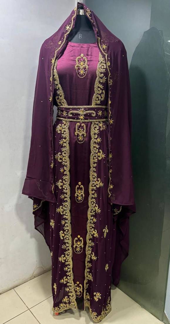Wine satin jacket style moroccan takchita kaftan