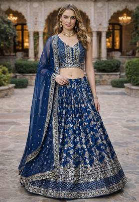 BLUE DOLA SILK SEQUINS & ZARI EMBROIDERED LEHENGA SET WITH CHOLI AND DUPATTA 2
