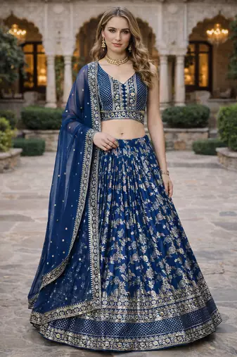BLUE DOLA SILK SEQUINS & ZARI EMBROIDERED LEHENGA SET WITH CHOLI AND DUPATTA
