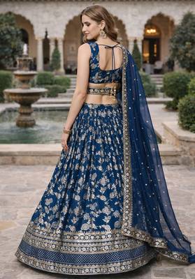 BLUE DOLA SILK SEQUINS & ZARI EMBROIDERED LEHENGA SET WITH CHOLI AND DUPATTA 3