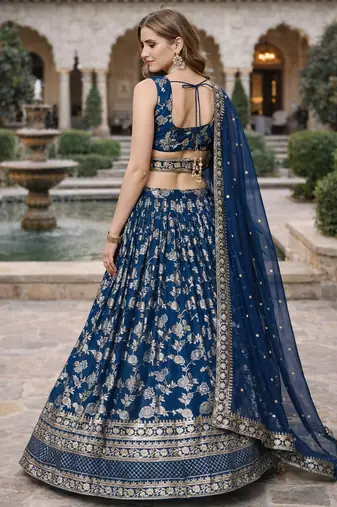 BLUE DOLA SILK SEQUINS & ZARI EMBROIDERED LEHENGA SET WITH CHOLI AND DUPATTA