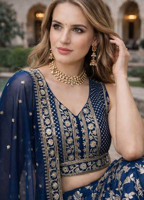 BLUE DOLA SILK SEQUINS & ZARI EMBROIDERED LEHENGA SET WITH CHOLI AND DUPATTA 4
