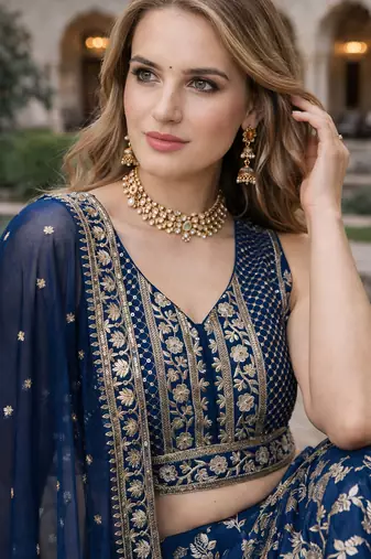 BLUE DOLA SILK SEQUINS & ZARI EMBROIDERED LEHENGA SET WITH CHOLI AND DUPATTA
