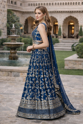 BLUE DOLA SILK SEQUINS & ZARI EMBROIDERED LEHENGA SET WITH CHOLI AND DUPATTA 5