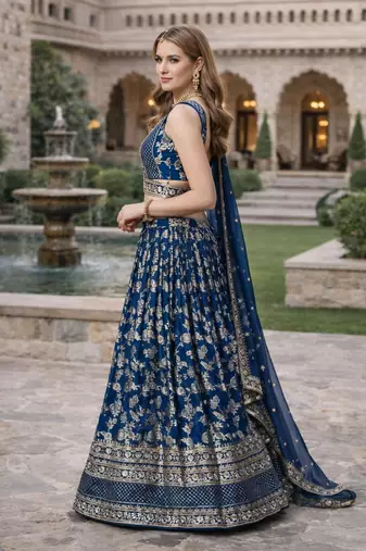 BLUE DOLA SILK SEQUINS & ZARI EMBROIDERED LEHENGA SET WITH CHOLI AND DUPATTA