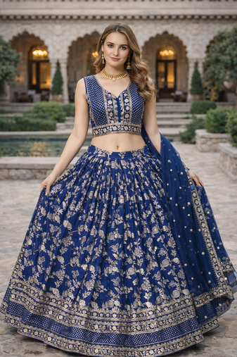 BLUE DOLA SILK SEQUINS & ZARI EMBROIDERED LEHENGA SET WITH CHOLI AND DUPATTA